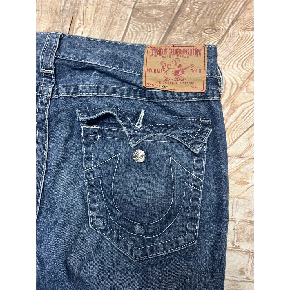 True Religion Jeans 38 X 32.5 Blue Denim Ricky Relaxed Straight Thick Stitch‎